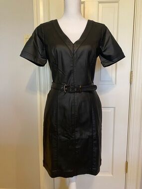 MWT White House Black Market Black Faux Leather V-Neck Belted Midi Dress